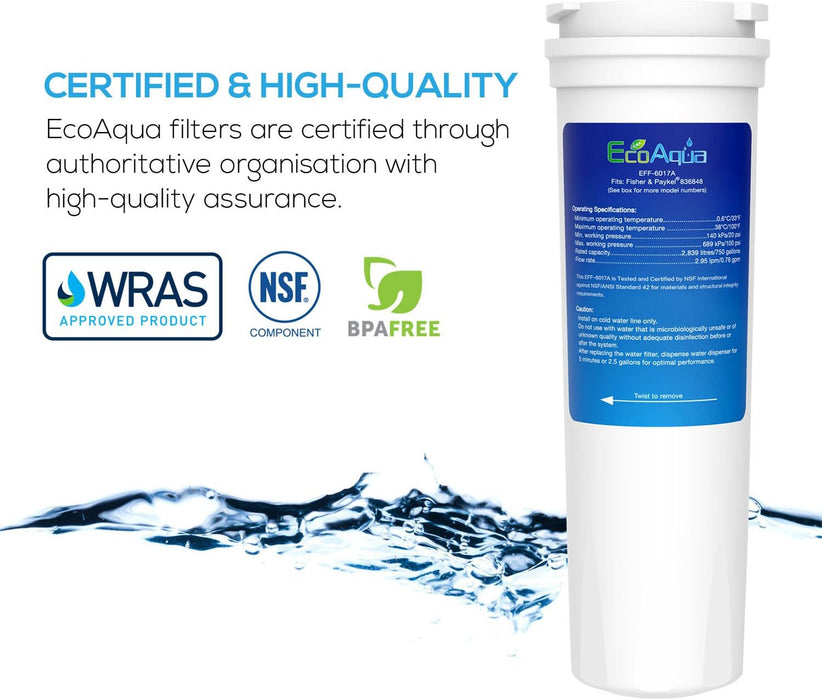 EcoAqua EFF-6017A Water Filter compatible with Fisher & Paykel 836848, 836860, ActiveSmart, E402B, E402BRXFDU, E442B