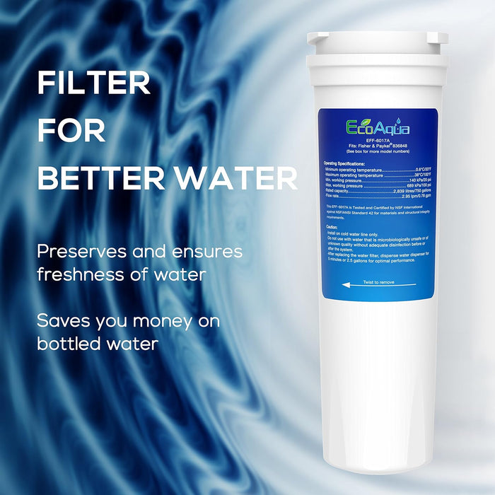 EcoAqua EFF-6017A Water Filter compatible with Fisher & Paykel 836848, 836860, ActiveSmart, E402B, E402BRXFDU, E442B